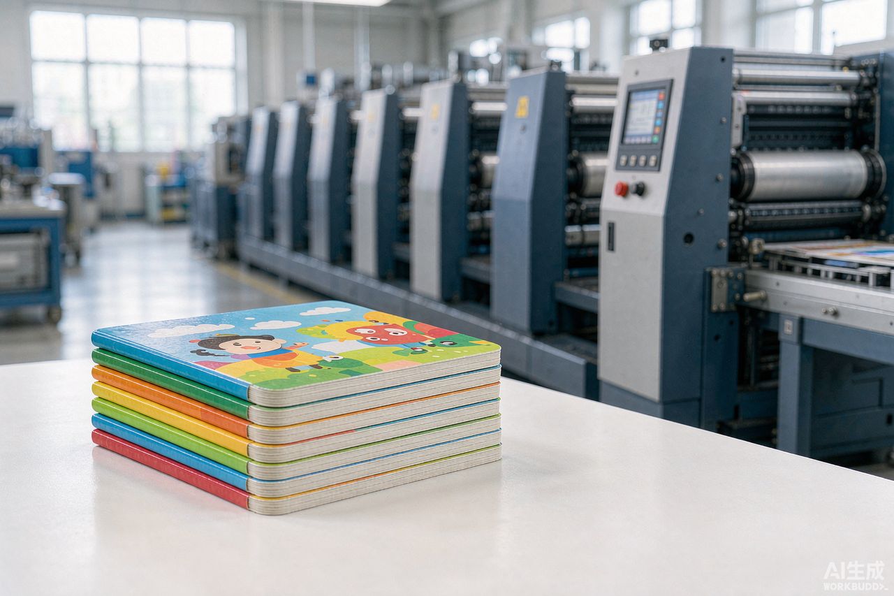 Stack of colorful children's board books on the table of the Renjie printing plant, offset press in the background